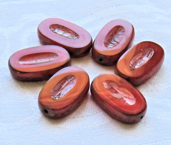 Five large Czech glass oval beads - 22 x 13mm opaque red, carved, chunky, table-cut, oval, picasso beads - C07101 - Glorious Glass Beads