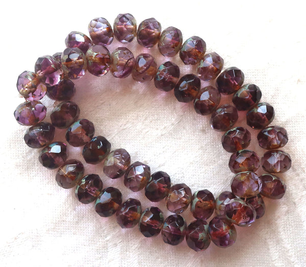 Lot of 25 Czech glass faceted puffy rondelles, 6 x 8mm transparent marbled amethyst, purple & lavender picasso, rondelle beads 00301