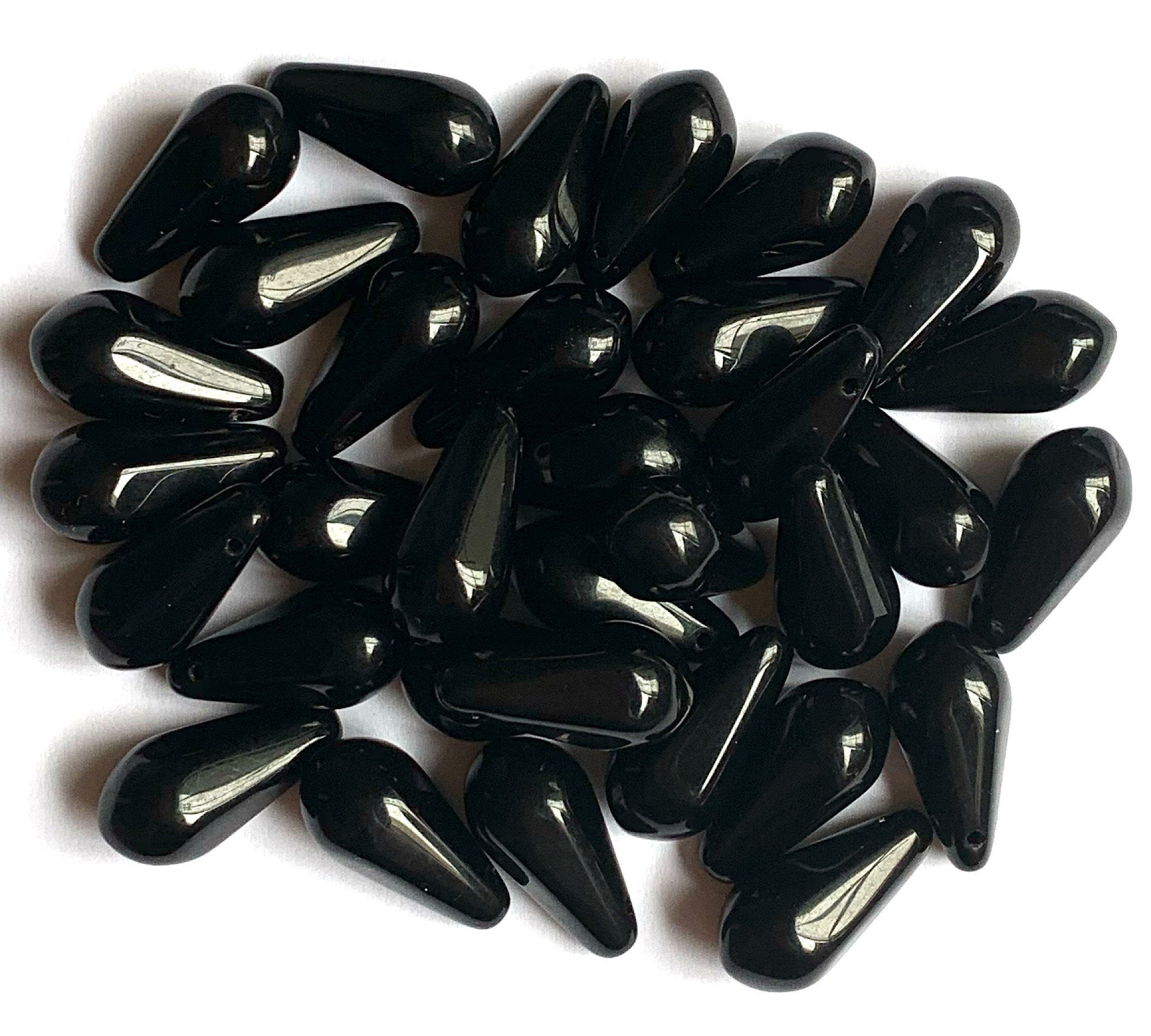 Ten large Czech glass teardrop beads - 9 x 18mm opaque jet black pressed glass side drilled six sided drops C0052