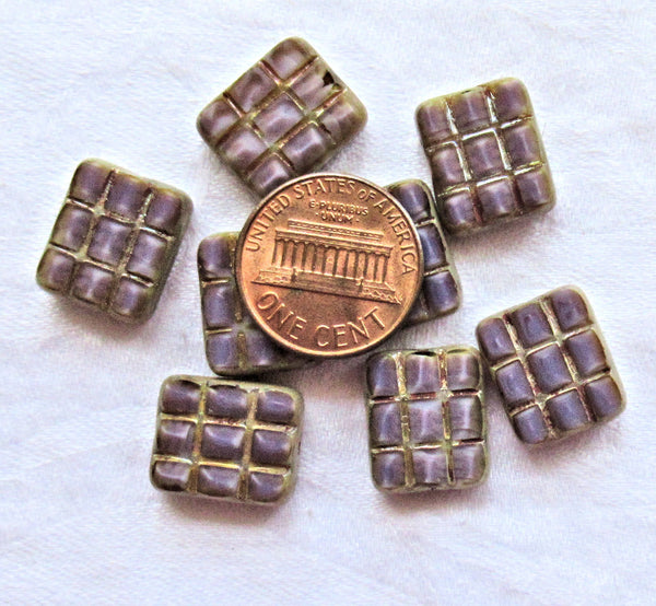 Five large rectangular, square, Czech glass beads - table cut silky purple carved rectangle beads w/ silver picasso accents - 15 x 13mm C163101 - Glorious Glass Beads