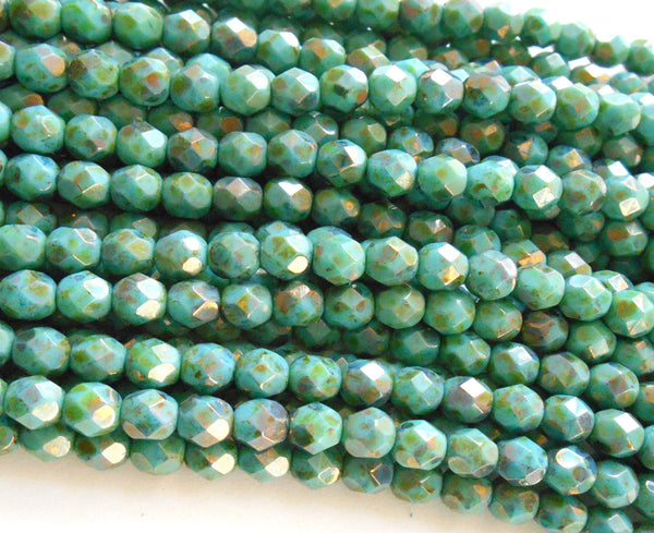 25 6mm Turquoise Bronze Picasso Czech glass beads, firepolished, faceted round beads, C8725