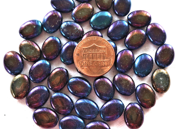 24 purple iris flat oval Czech Glass beads, 12mm x 9mm pressed glass beads C4525 - Glorious Glass Beads
