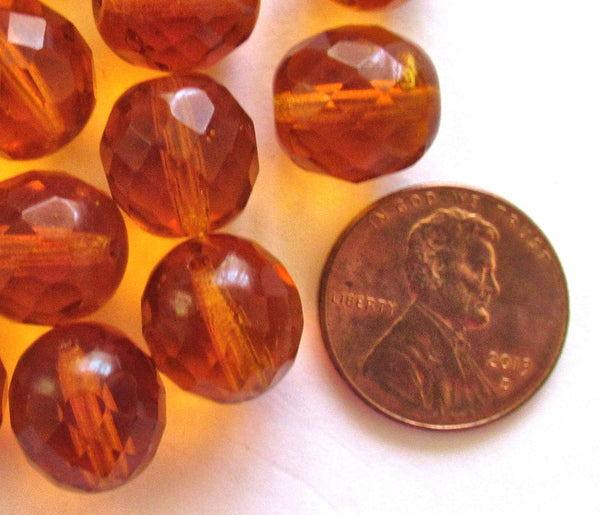 Ten Czech glass fire polished faceted round beads - 12mm topaz brown beads C0077