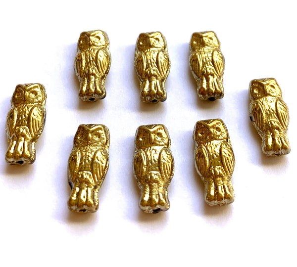 10 Czech glass owl beads - top drilled 7 x 15mm shiny gold pressed glass beads C0045