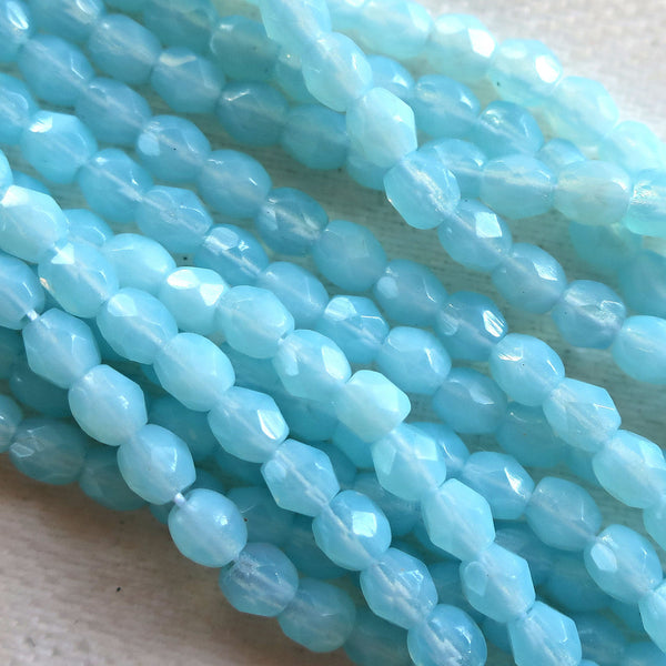 Lot of 50 3mm Milky Baby Blue Czech glass faceted, firepolished, Milky Aquamarine beads C8450