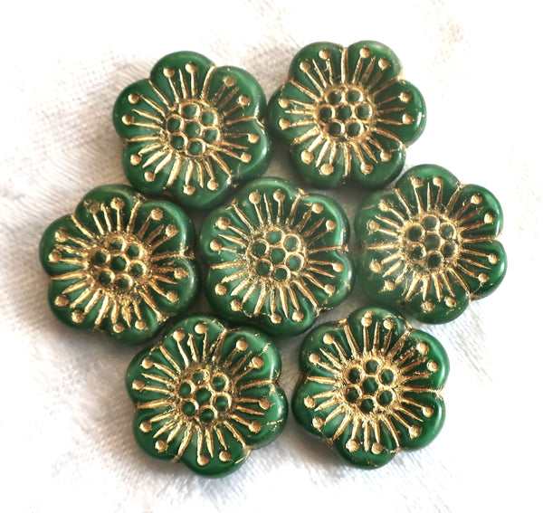 Lot of 5 large 18mm opaque green and gold Czech glass flower beads, forest green pressed glass flower beads, 83101