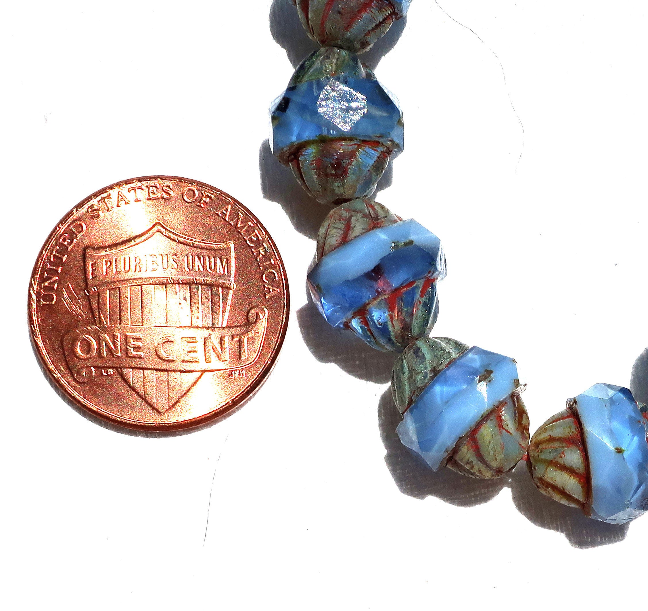 Six Czech glass turbine beads, 11 x 10mm transparent & opaque sapphire blue Czech glass beads with a picasso finish, saturn beads C02101 - Glorious Glass Beads