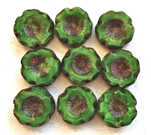 Six 14mm table cut, carved, opaque marbled forest green satin picasso Czech glass beads; Hawaiian Flower beads C9806