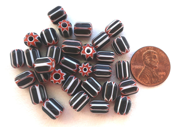 Twelve black, white & red striped chevron glass tube or barrel beads, big hole rustic beads, approx 9x 7mm C7401 - Glorious Glass Beads