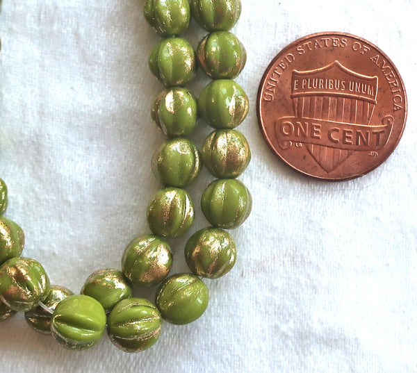 25 Czech pressed glass melon beads. 6mm Avocado Green with gold accents, C00101 - Glorious Glass Beads