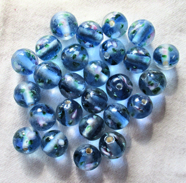 Lot of ten 10mm sapphire blue smooth round floral druk beads - made in India glass flower druks C7901