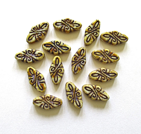 8 Czech glass arabesque beads - 9 x 19mm off white diamond shaped engraved beads with a full picasso coat & apurple wash - C0007