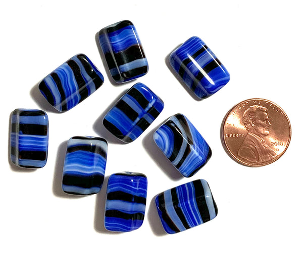 Six Czech glass rectangle beads - 16 x 12mm blue, black, and white striped - 4-sided diamond shaped large, chunky rectangle beads C0005