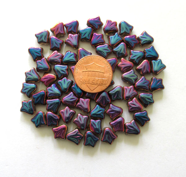 Lot of 25 8.5mm Czech glass flower beads - blue, pink & purple metallic rainbow pressed glass lily flower beads C0088