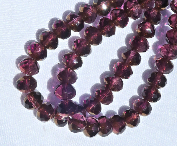 25 Czech glass faceted puffy rondelle beads - 5 x 7mm transparent & purple / amethyst with a bronze picasso finish rondelles C00201 - Glorious Glass Beads