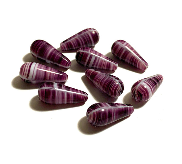 Six large Czech glass teardrop beads - 9 x 20mm amethyst or purple and white striped drop or pear beads - C0017