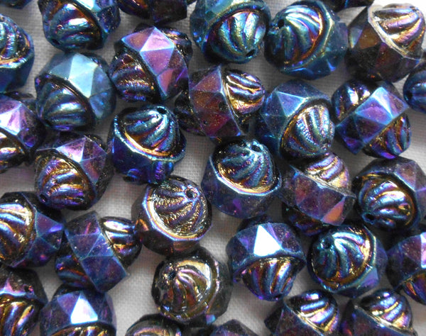 Ten 11 x 10mm Czech Blue Iris turbine, cathedral, saturn beads, multicolored blue iridescent Czech glass beads C5901