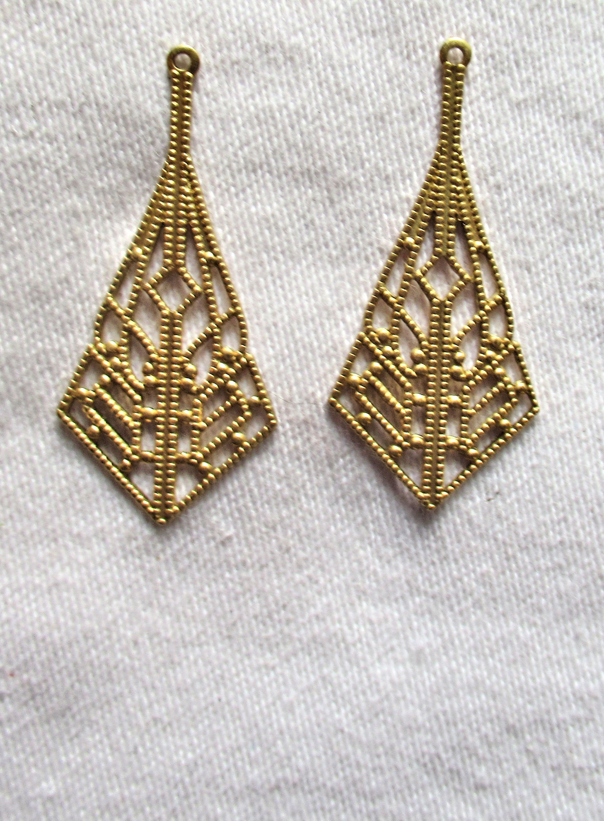 2 raw brass stampings pair- ornate vintage filigree earrings or charms with ring - 37mm x 17mm - USA made C2502