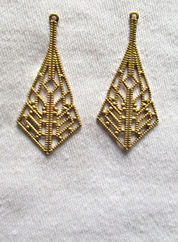 2 raw brass stampings pair- ornate vintage filigree earrings or charms with ring - 37mm x 17mm - USA made C2502