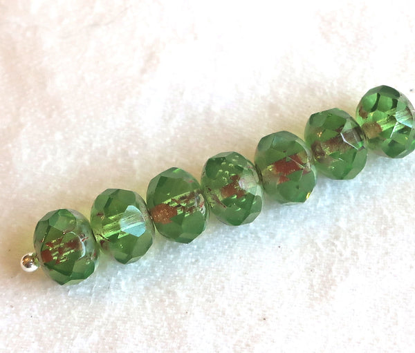 25 faceted Czech glass puffy rondelle beads, 8 x 6mm transparent peridot green picasso rondelles on sale 80101 - Glorious Glass Beads