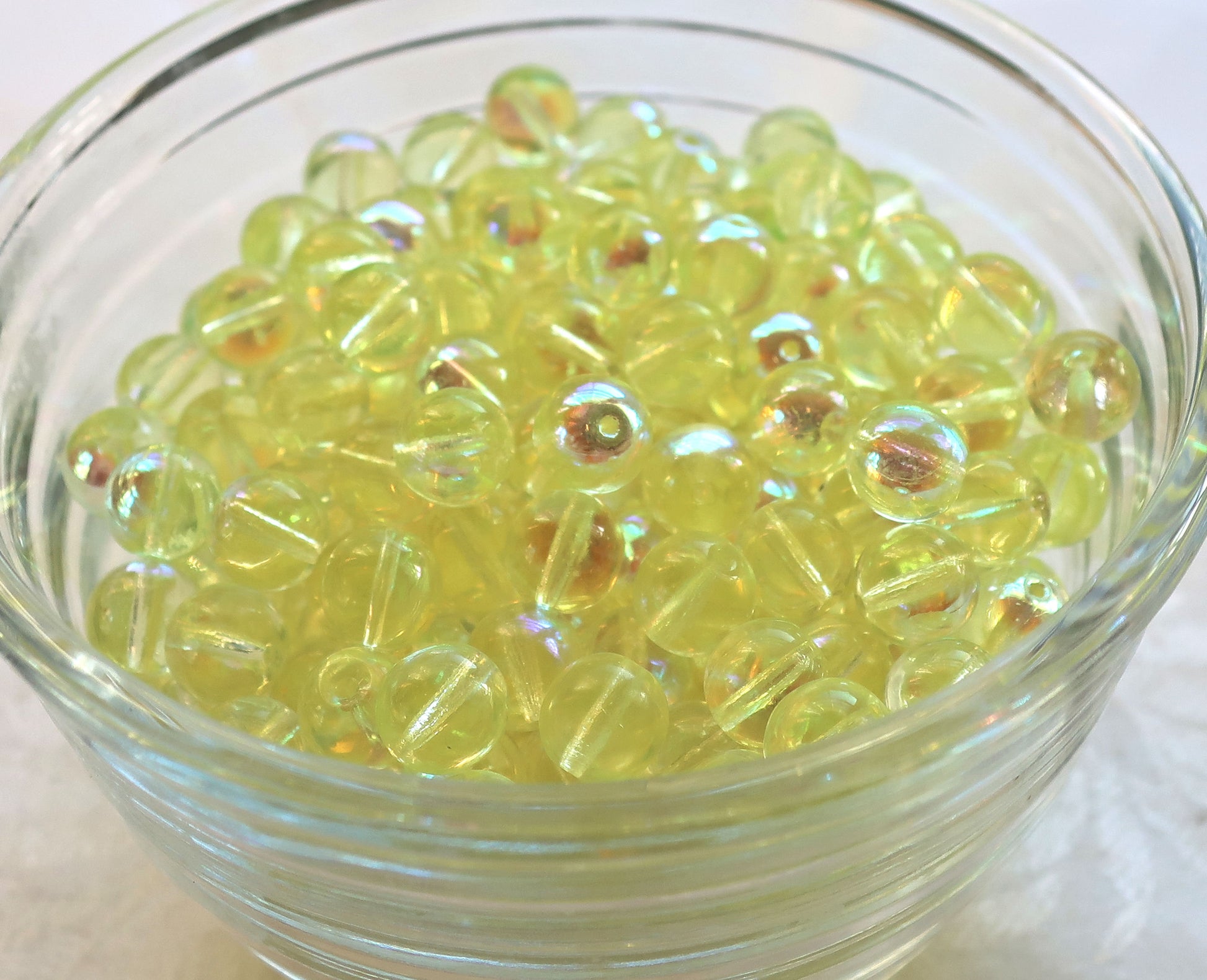 Lot of 25 8mm Jonquil AB / Yellow AB smooth round druk beads Czech glass druks C4325 - Glorious Glass Beads