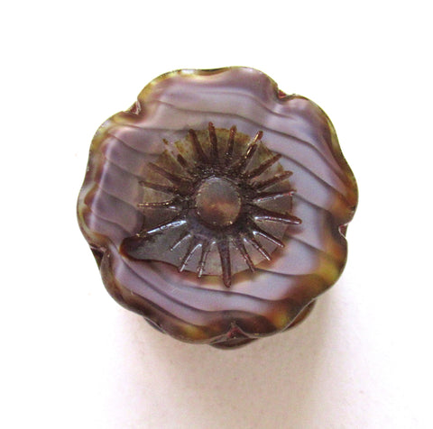 2 large 22mm Czech glass flower beads - Table cut carved silky marbled purple or amethyst picasso beads - Hawaiian hibiscus focal - 00881