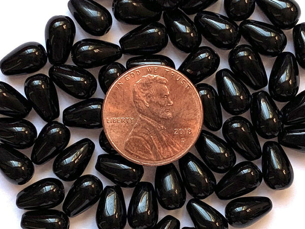 Lot of 25 10 x 6mm Czech glass jet black teardrop beads - center drilled smooth drop beads C0064