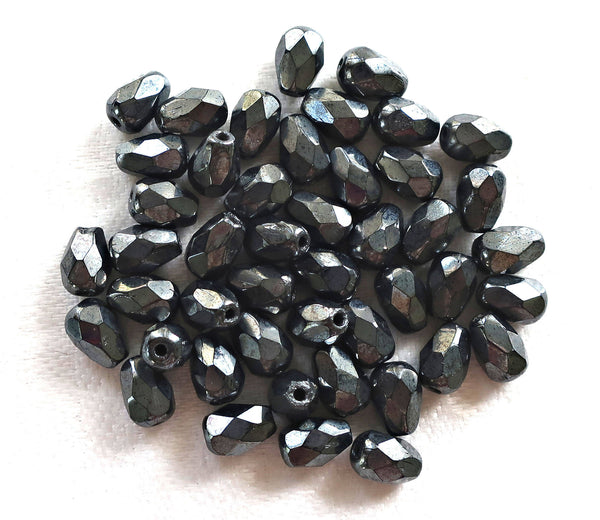 Lot of 25 7 x 5mm Hematite, metallic gray teardrop beads, faceted firepolished Czech glass tear drops C5801