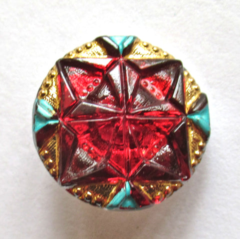 One 18mm Czech glass button - ruby red geometric pattern gem button with blue and gold accents - decorative shank buttons 56101