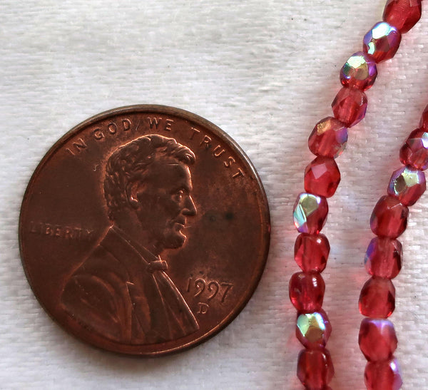 LOt of 50 3mm Fuchsia AB Czech glass beads, pink firepolished, faceted round beads, C1750 - Glorious Glass Beads
