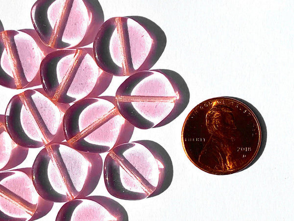 Ten 15mm Czech glass asymmetrical coin or disc beads - transparent pink beads - C0073