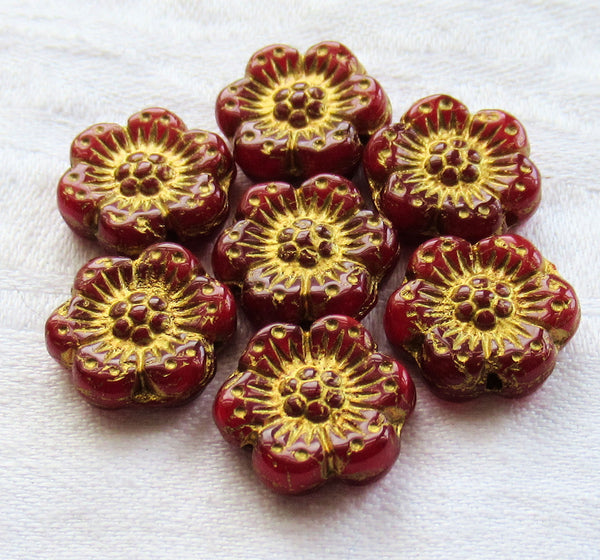 Twelve Czech glass wild rose flower beads - 14mm translucent red opaline floral beads with a gold wash C07105 - Glorious Glass Beads
