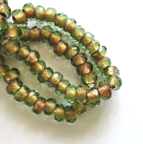 Fifteen 6 x 9mm Czech glass faceted round roller, rondelle beads - olivine green w/ gold lining - big 3.5mm holes big hole bead C00801
