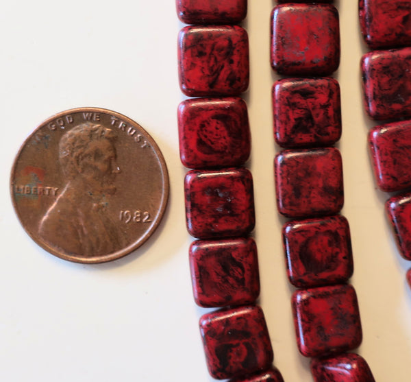 Lot of 25 9mm one hole flat square Czech glass beads - opaque red with a full coat black picasso finish - earthy rustic beads C5801 - Glorious Glass Beads