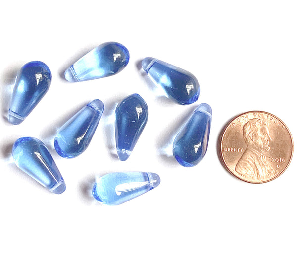 Ten large Czech glass teardrop beads - 9 x 18mm transparent light sapphire blue pressed glass side drilled faceted drops six sides C0008