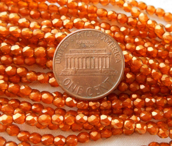 50 3mm Halo Sandalwood Orange Czech beads, Sienna glass over gold, firepolished, faceted round beads, C8650