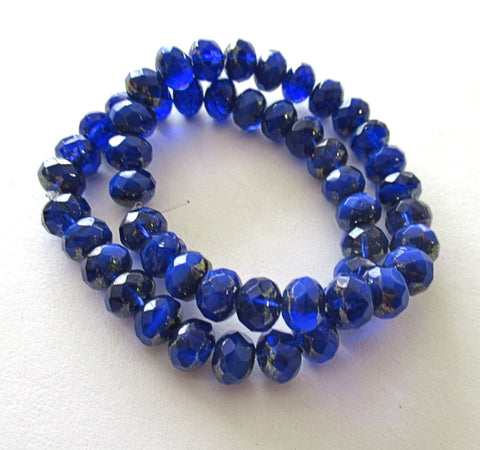 25 Czech glass puffy rondelle or donut beads - 5 x 7mm transparent & opaque cobalt blue mix beads- fire polished faceted beads 00021