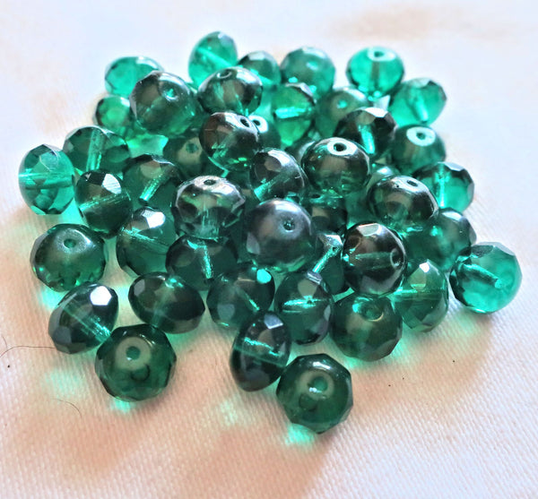 Lot of 25 transparent teal blue green puffy rondelles - 6 x 9mm faceted viridian Czech glass rondelle beads - C1901
