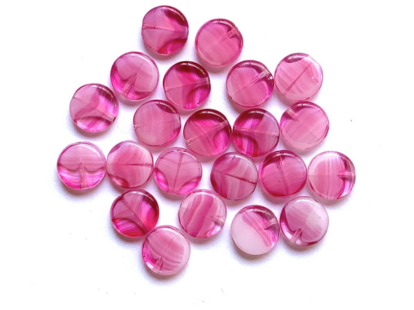 15 Czech glass coin beads - 10mm pink marbled, milky, striped disc beads C0057