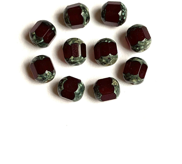 15 Czech glass faceted cathedral or barrel beads six sides - 8mm fire polished garnet red beads with picasso finish on the ends C0045