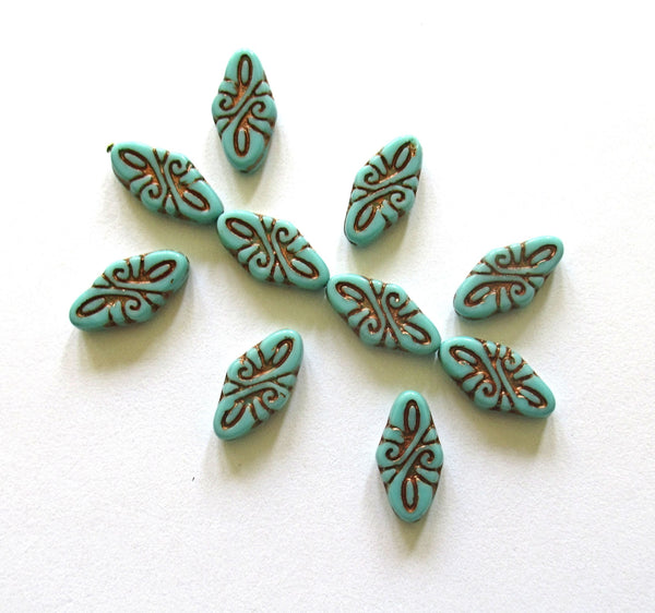 8 Czech glass arabesque beads - 9 x 19mm turquoise green diamond shaped engraved beads with a bronze wash - C0049