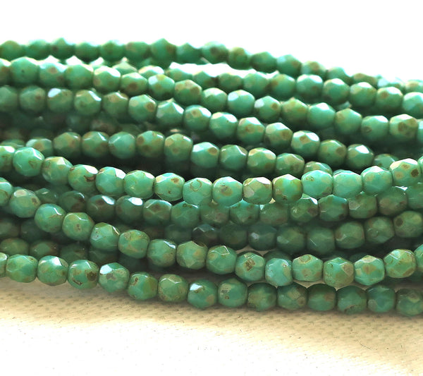 Lot of 50 3mm opaque Turquoise Blue Green Picasso Czech glass beads, firepolished faceted round beads, C1550