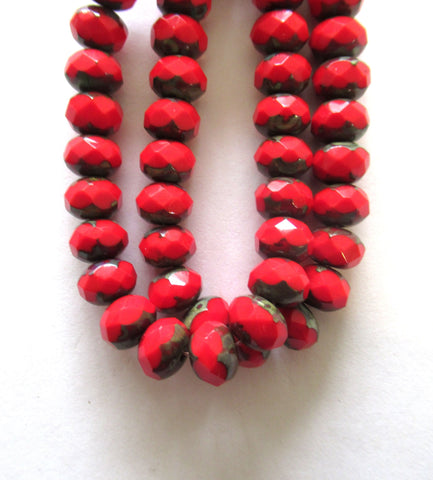Lot of 25 6 x 8mm Czech glass puffy rondelles - opaque scarlet red picasso faceted fire polished rondelle beads - 00112
