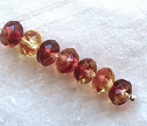 25 Czech glass faceted puffy rondelles, 6 x 8mm transparent champagne yellow & deep pink mix, rondelle beads on sale 57101 - Glorious Glass Beads