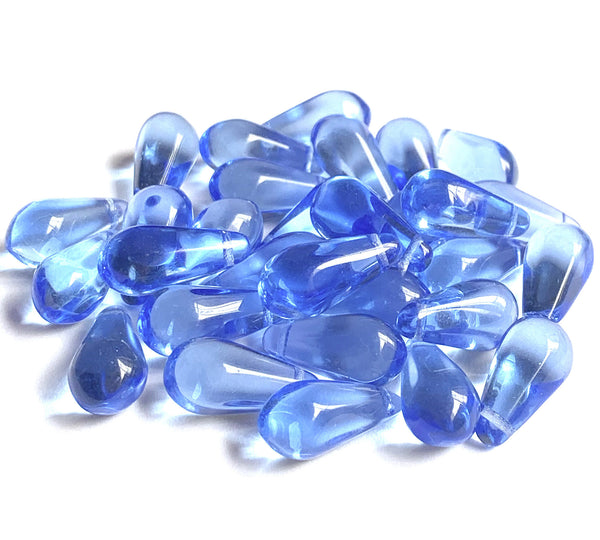 Ten large Czech glass teardrop beads - 9 x 18mm transparent light sapphire blue pressed glass side drilled faceted drops six sides C0008