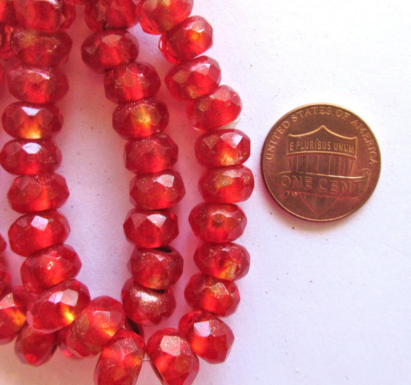 Ten Czech glass roller beads - 8.5 x 5mm siam red & crystal marbled gold lined, faceted roller, rondelle, big 3.5mm hole beads C0087