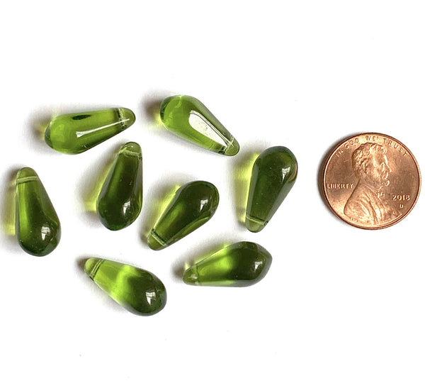Ten large Czech glass teardrop beads - 9 x 18mm olivine olive green pressed glass faceted side drilled drops six sides C0023