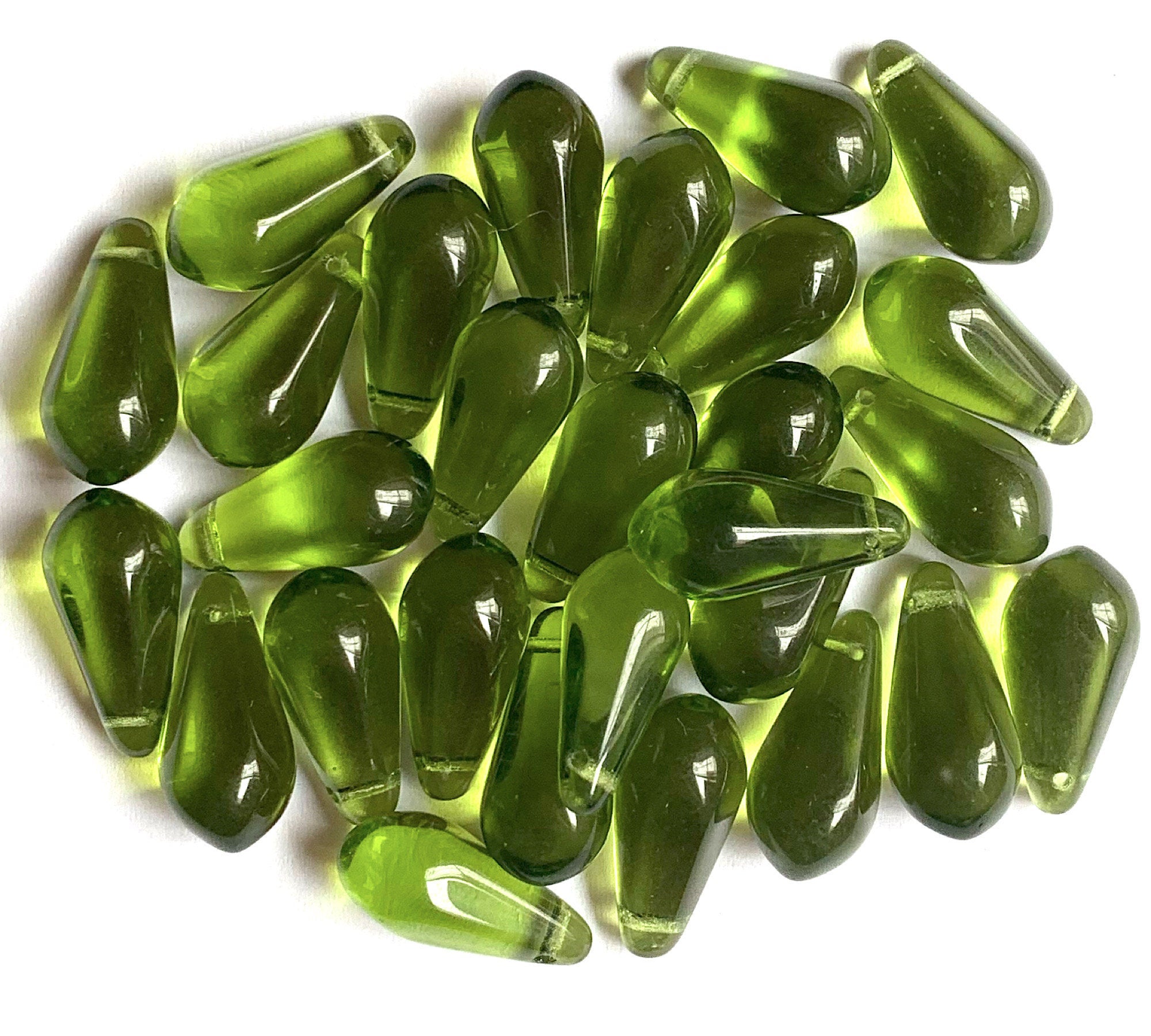 Ten large Czech glass teardrop beads - 9 x 18mm olivine olive green pressed glass side drilled six sided drops C0023