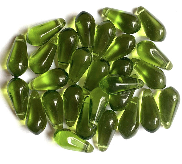 Ten large Czech glass teardrop beads - 9 x 18mm olivine olive green pressed glass faceted side drilled drops six sides C0023