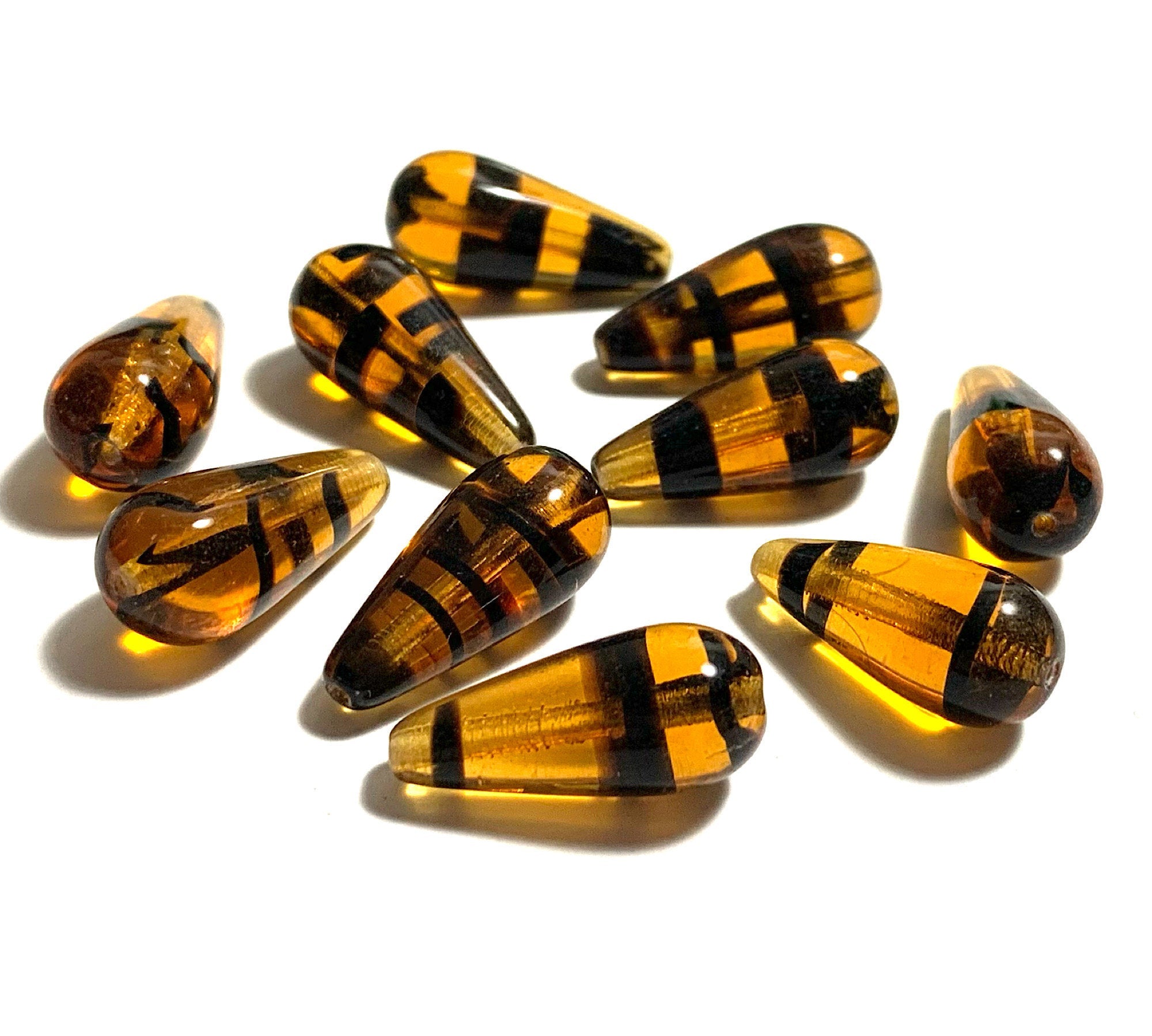 Six large Czech glass teardrop beads -  9 x 20mm tortoiseshell or tortoise shell drop or pear beads - C0055